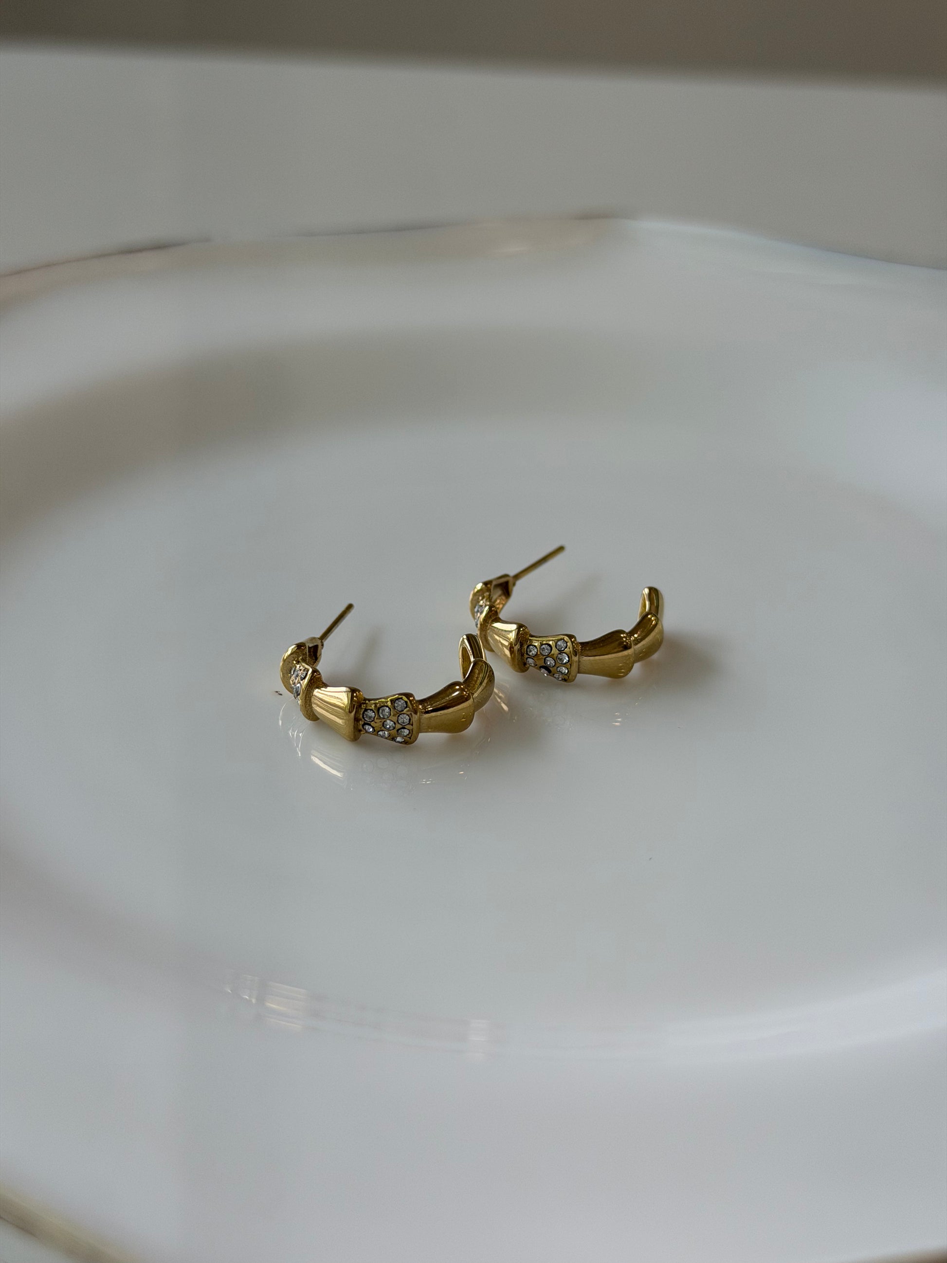 Gold hoop earrings with small diamonds on a white plate